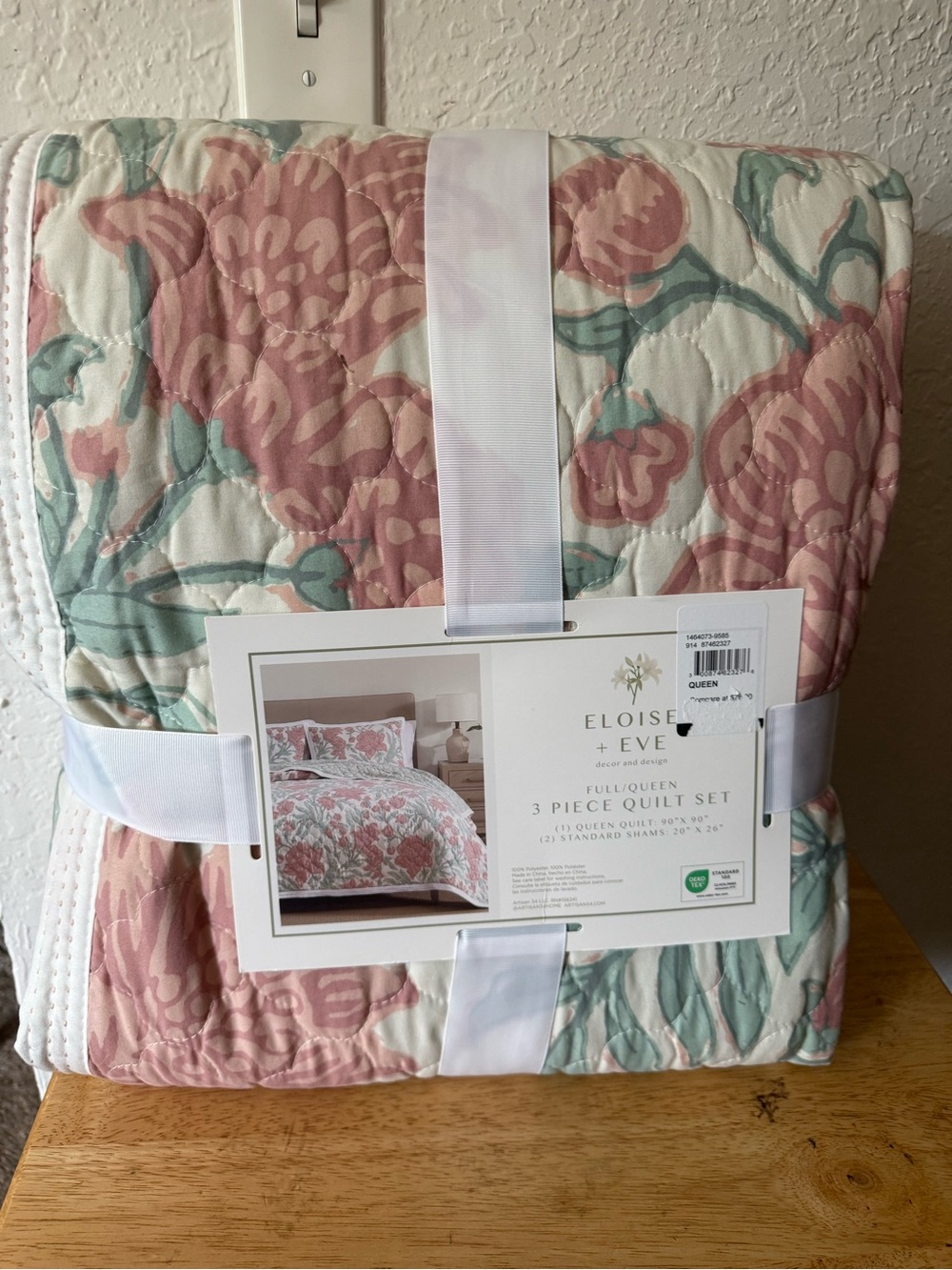 Pink & Green Floral Quilt, 3 Piece Set - Full/Queen